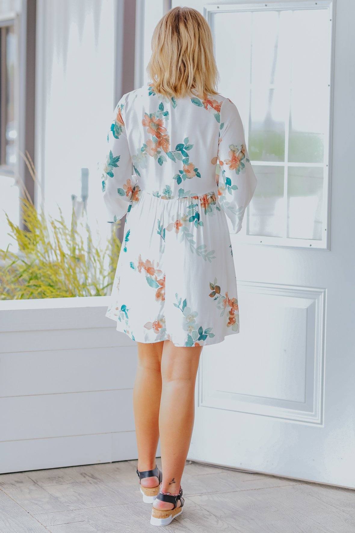 Experience Trust Floral Empire Waist Short Bell Sleeve Dress in Ivory emcosmetics92.com Experience Trust Floral Empire Waist Short Bell Sleeve Dress in Ivory emcosmetics92.com